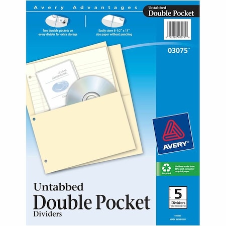 Avery Dennison Avery Untabbed Double Pocket Divider, 9-1/4inW x 11-1/8inH, Buff, 5/PK 3075