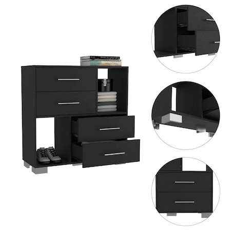 Homeroots 35" Black Manufactured Wood Four Drawer Dresser with Cubes 477788