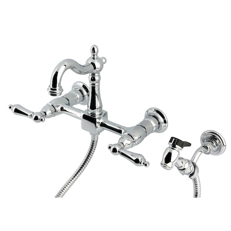 Kingston Brass Two-Handle Wall Mount Bridge Kitchen Faucet with Brass Sprayer, Polished Chrome KS2441ALBS