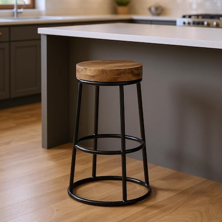 Homeroots 26" Natural and Black Solid Wood and Iron Backless Counter Height Bar Chair 605910