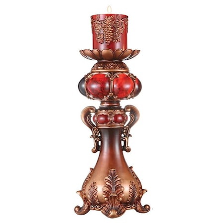 Homeroots 20" Bronze Brown And Red Floral Polyresin Tabletop Pillar Candle Holder With Candle 468328