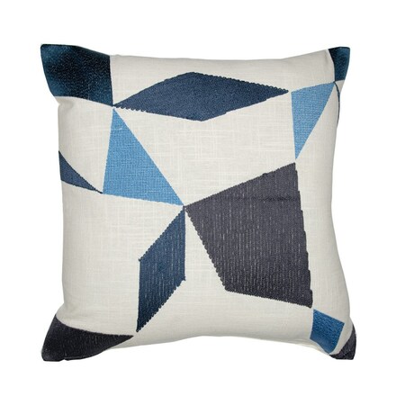 Homeroots 24" Ivory and Blue Geometric Cotton Blend Throw Pillow  With Embroidery 549427