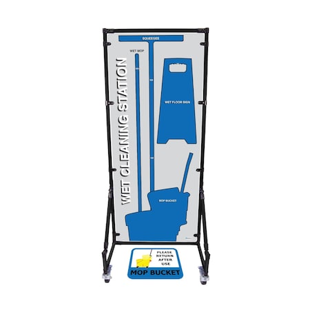 5S Supplies Housekeeping Shadow Board Broom Station V15, Gray / Blue, Kit + Stand HSB-V15-GRAY/BLUE-KIT-STAND