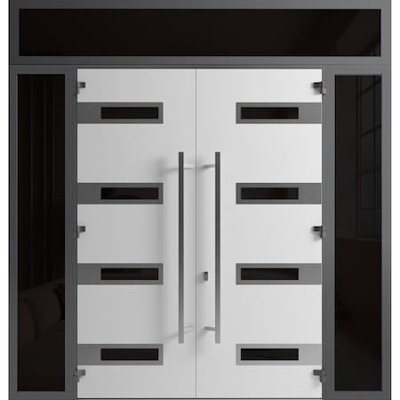 Vdomdoors Front Exterior Prehung Aluminum Double Doors Ronex0131 Black Enamel 2 Sidelights and Top Transom RONEX0131DEXD-BLK-W12+72+12xH96+12-RH-O