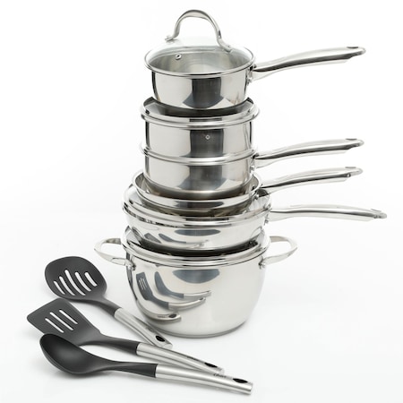 Oster Ridgewell 13pc Stainless Steel Belly Shape Cookware Set in Silver Mirror Polish 109543.13