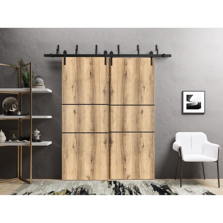 Sartodoors Barn Bypass Doors with 6.6ft Hardware, Planum 0014 Oak and Aluminum Strips, Sturdy Heavy Duty Rails PLANUM0014BBB-DUB-8484