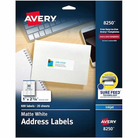 Avery Dennison Avery, VIBRANT INKJET COLOR-PRINT LABELS W/ SURE FEED, 1 X 2 5/8, MATTE WHITE, 600PK 8250