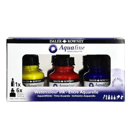 Daler-Rowney Aquafine Watercolor Ink Introduction Set with Empty Marker, Assorted Colors, 29.5ml, 6-Piece Set D166100007