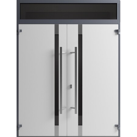 Vdomdoors Front Exterior Prehung Aluminum Double Doors Ronex1011 Grey Top Transom Mirrored Clear Glass Top RONEX1011DEXD-GRE-W72xH80+16-LH-O
