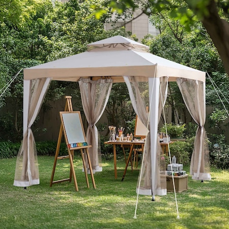 Sunjoy 8 ft x 8 ft Patio Gazebo, Modern 2-Tier Steel Frame Soft Top Gazebo with Netting - Grey & Khaki A101003610