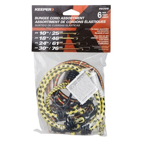 Keeper Bungee Cord, Steel End, Rubber, Hook End, 6/PK, 6PK 06306