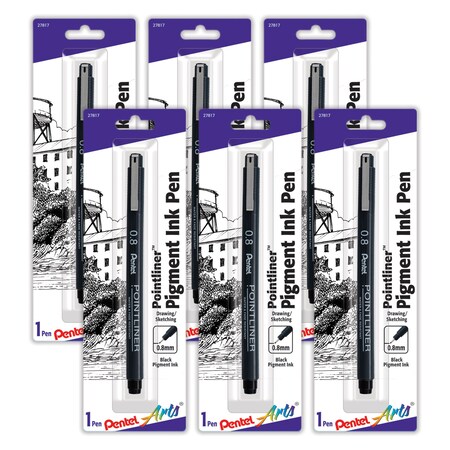 Pentel Pointliner Pen, 0.8mm, Black Pigment Ink, 6PK S20P8BPA
