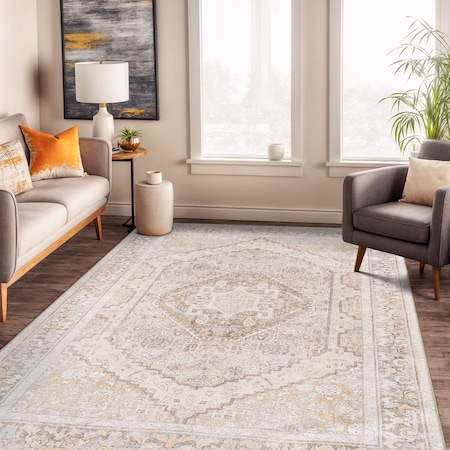 World Rug Gallery Beige Medallion Flat Pile Washable Rug - Pet Friendly, Non-Slip for Entryway and Bedroom 5 ftx7 ft WR170BEIGE5X7
