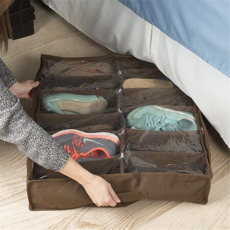 Everyday Home Under Bed Storage Shoe Organizer Bag with Clear Plastic Zippered Cover Stores, Brown - 12 Pairs 80-90700