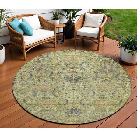 Homeroots 8' Artichoke Green Gray And Tan Round Damask Washable Indoor Outdoor Area Rug 603301