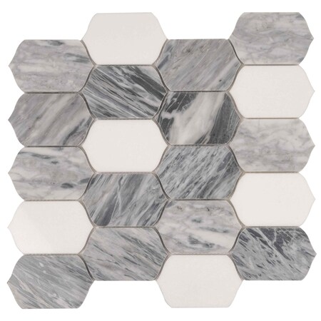 Apollo Tile Toscana 13x12 in. Polished Calacatta Bluette, Thassos White Picket Lantern Mosaic Tile, 5PK APLEML88CN02A