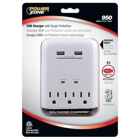 Powerzone Plug Adapter, USB, 3 Outlet(s) White ORUSB343S