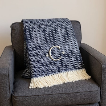 Homeroots 55" X 70" Navy Blue White Herringbone Cotton Blend C Initial Throw Blanket with Tassels Embroidery 680221
