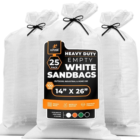 Xpose Safety Woven White Polypropylene Sandbags, 14x26 in, 100 lb Capacity, Reusable Flood Protection, 25PK SBW-HVY-1426-25-X
