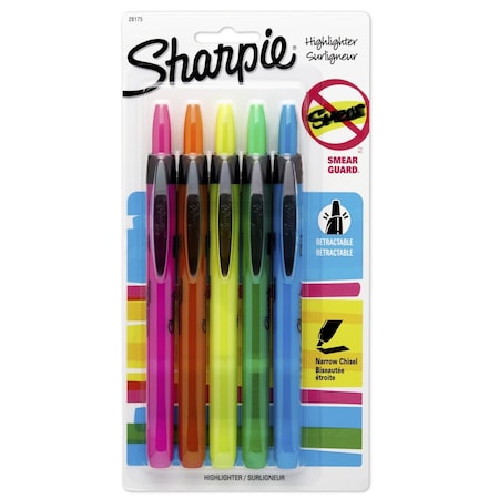 Sharpie Retractable Highlighters, Assorted Ink Colors, Chisel Tip, Assorted Barrel Colors, PK5 28175PP
