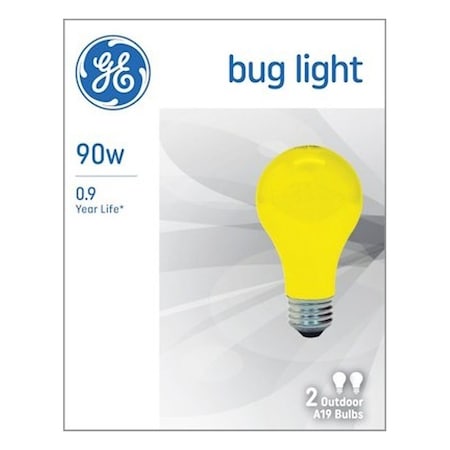 Ge Bug Bulb, 90 W, A19 Lamp, E26 Medium Lamp Base, 700 Lumens, Yellow, 1000 hr Average Life, 2PK 93130582