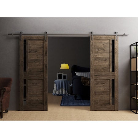 Sartodoors Sturdy Dbl Barn Door 36 x 80in W/, Cognac Oak W/ Black Glass, SS 13FT Rail Hangers Heavy Set VEREGIO7588DB-S-AKA-36