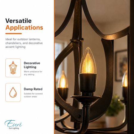 Euri Lighting LED Flame Bulb, 1W, 80 lm, 6W Eq., 1800K, E12, Black Base, UL ECA9.5-2120fcb