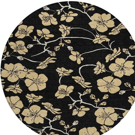 Homeroots 8' Black And Gold Round Floral Washable Indoor Outdoor Area Rug 599996