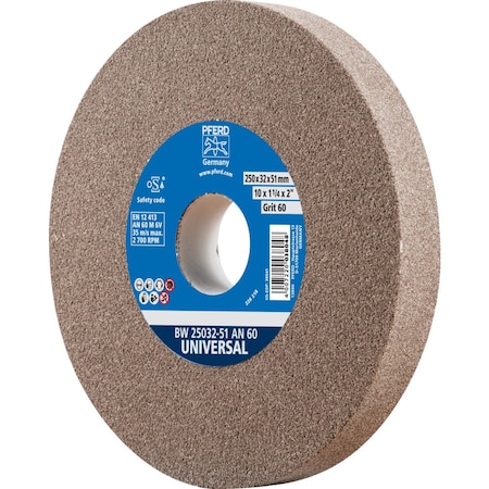 Pferd PFERD Vitrified Bench Wheel, UNIVERSAL, 10in x 1-1/4 x 2, 60 Grit, Aluminum Oxide 61686