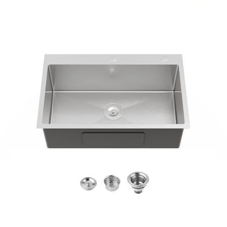 Wrightmaster 30 in. Drop-In Single Bowl 20 Gauge Silver Stainless Steel Kitchen Sink with Drain and Hook ZOR-BR02D-301908