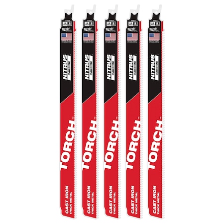 Milwaukee Tool 12 in. 8 TPI SAWZALL THE TORCH w/ NITRUS CARBIDE Reciprocating Saw Blade for Cast Iron & Metal, 5 PK 48-00-5563