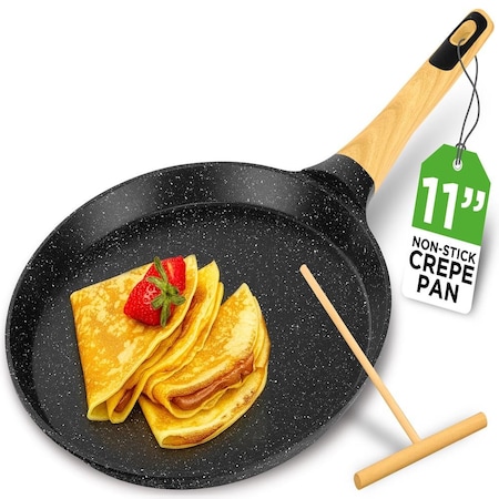 Nutrichef 11 in Non-Stick Crepe Pan with Wooden Spreader, Durable Marble Coated Dosa Pan, Bakelite And Wood NCMKCP002411BK