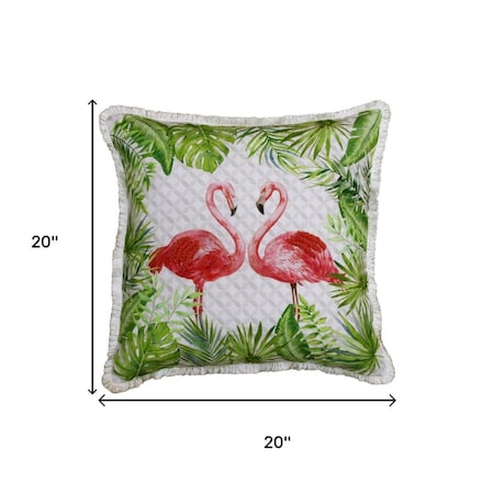 Homeroots 20" Off White Pink And Green Flamingo Throw Pillow Cover with Fringe 713113