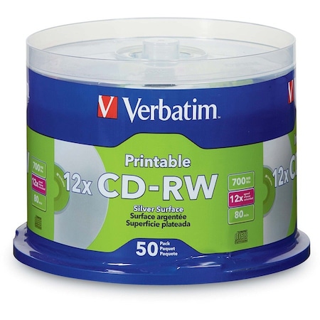 Verbatim Americas CD-RW 700MB 12X DATALIFEPLUS SILVER INKJET PRINTABLE WITH BRANDED HUB - 50PK SPI 95159