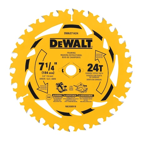 Dewalt Circular Saw Blade, 7.25 in dia., PK2 DWA271424PK2