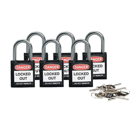 Brady Lockout Padlock, Keyed Different, Nylon, Black, 1 in Shackle Height, 1 3/16 in Body Width, 6 PK 118934
