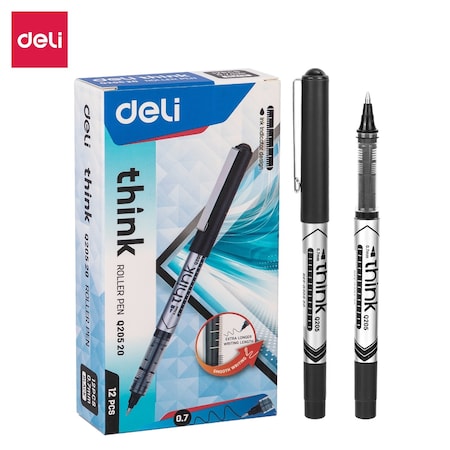 Deli THINK Rollerball Pen 0.7mm, Black Ink, Capped, 1100m, 12PK EQ20520