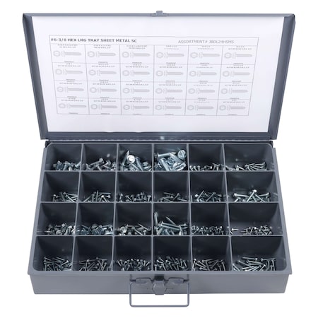 Zoro Select Tapping Screw Assortment, #6 to 3/8" x Zinc Plated Finish, Steel, Hex Washer Head JBDL24HSMS