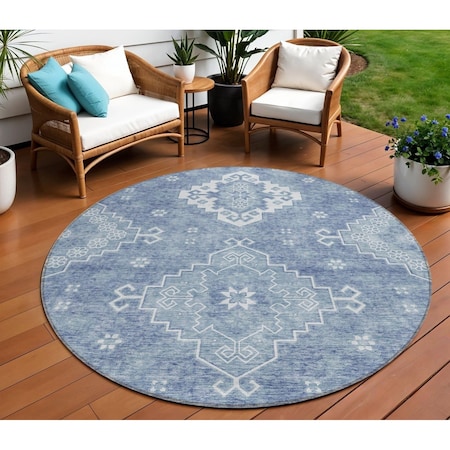 Homeroots 8' Navy Blue And Denim Blue Round Medallion Washable Indoor Outdoor Area Rug 589034