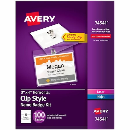 Avery Clip Style Name Badges, 3" x 4", Clear, 100/Box 74541