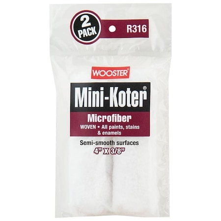 Wooster Mini Roller Cover, 3/8 in Thick Nap, 4 in L, Microfiber Cover, 2/PK, 2PK R316-4