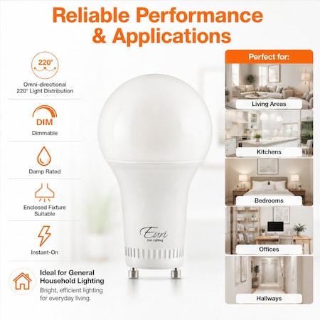Euri Lighting A19 LED Bulbs, 8W, 800 lm, 60W Eq., 4000K, GU24, Dimmable, UL, 2PK EA19-8W2040eG-2