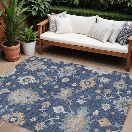 Homeroots 10' X 14' Navy Blue Beige And Gray Floral Washable Indoor Outdoor Area Rug 606169