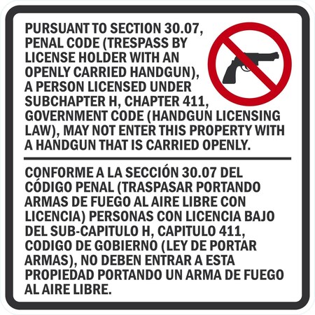 Lyle Sec. 30.07 Trespass By License Holder With Concealed Handgun, 30x30, High Intensity Prismatic, White G-15588-HI_30x30