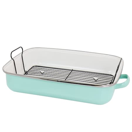 Martha Stewart 18 Inch Enamel on Steel Roasting Pan in Mint with Roasting Rack 129154.02