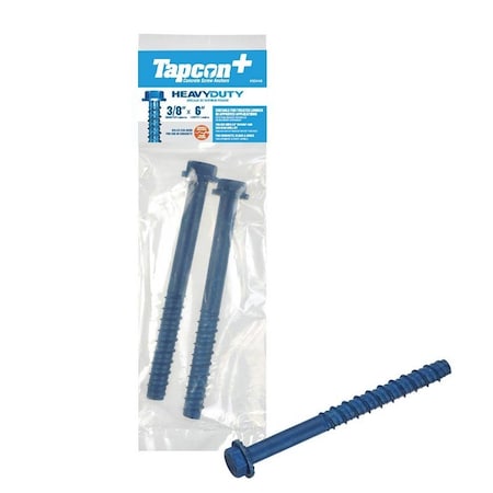 Tapcon+ Heavy-Duty Concrete Screw Anchor, 3/8 in Dia, 6 in L, Carbon Steel, Blue Climaseal-Coated, 2PK 50446