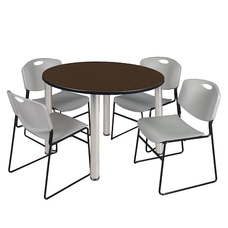 Regency Round Kee Breakroom Table W/ 4 Zeng Stack Chairs, 48 in W, 48 in L, Neo Walnut TB48RNDNWBPCM44GY