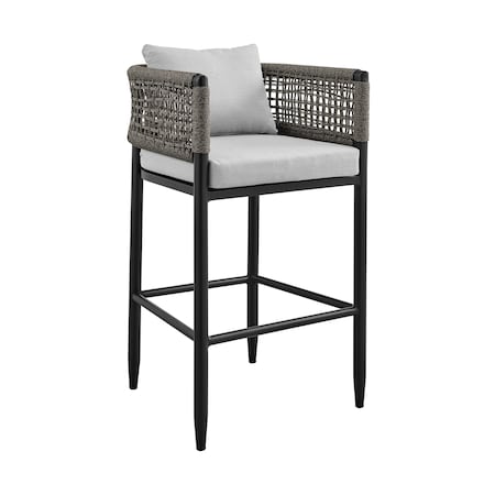 Armen Living Alegria Outdoor Patio Counter Height Bar Stool in Aluminum with Gray Rope and Cushions LCAFBABL26