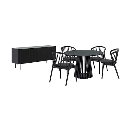 Homeroots Six Piece Black Round Dining Set with Four Chairs and Sideboard 571714