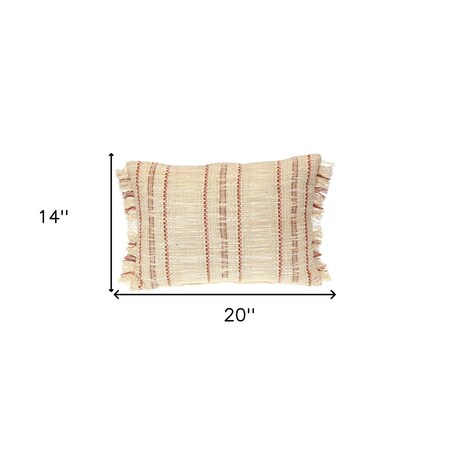 Homeroots 14" X 20" Beige and Pink Striped Cotton Throw Pillow With Fringe 529219